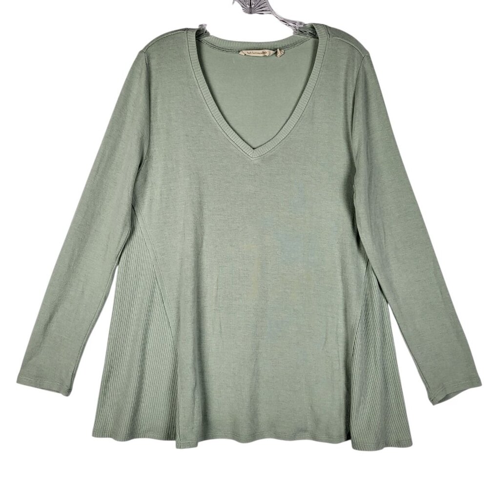 2 for $30 Soft Surroundings Sweater Women's Large Sage Green V Neck Flared Soft
